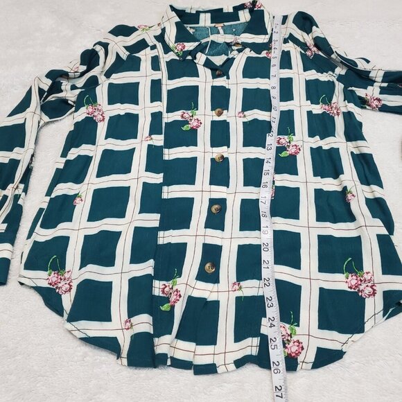 Free People Window to my‎ Heart Green Cream Plaid Floral Romantic Flowy Blouse S - Picture 4 of 7